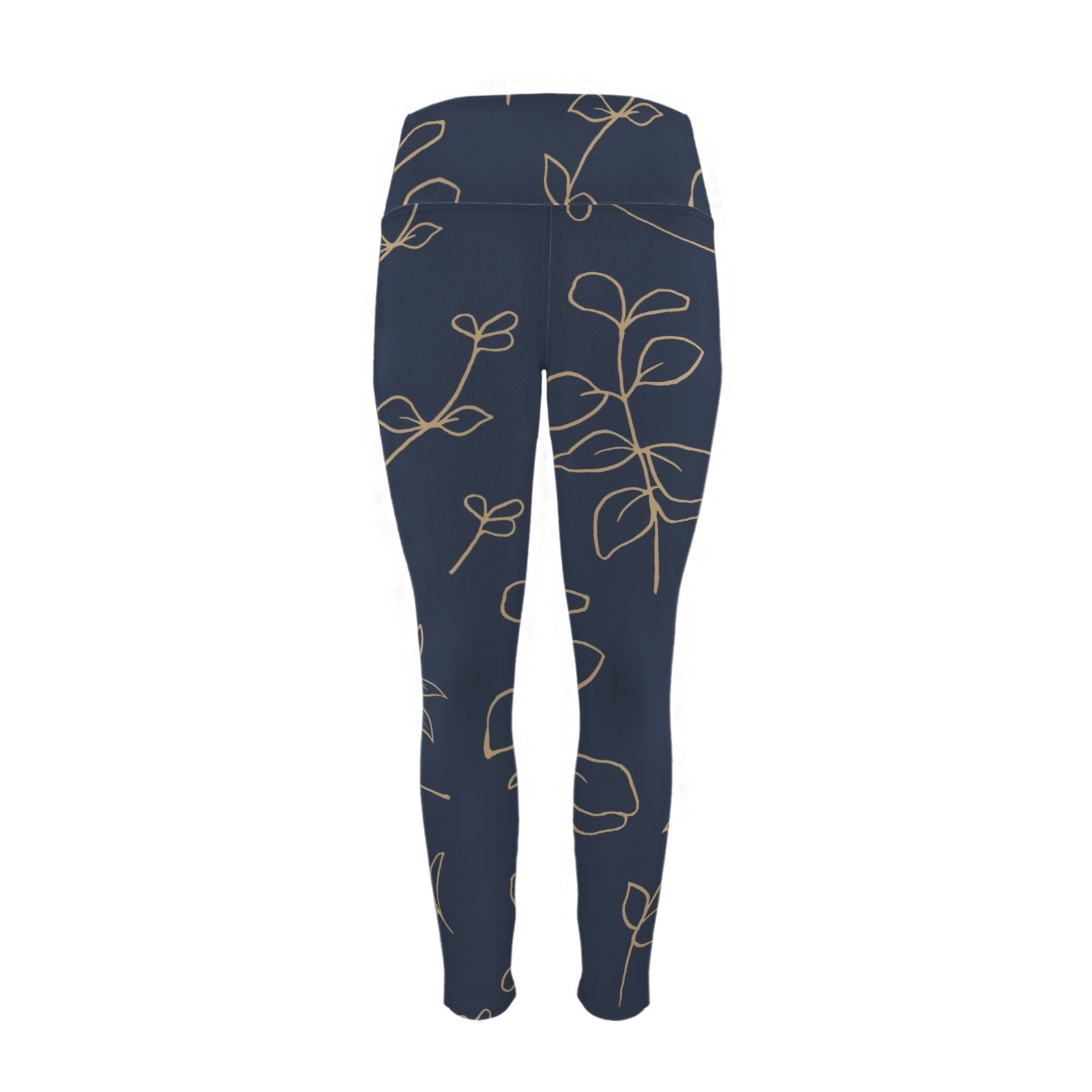 Gold Flowers On Navy - Women's High Waist Pockets Yoga Leggings
