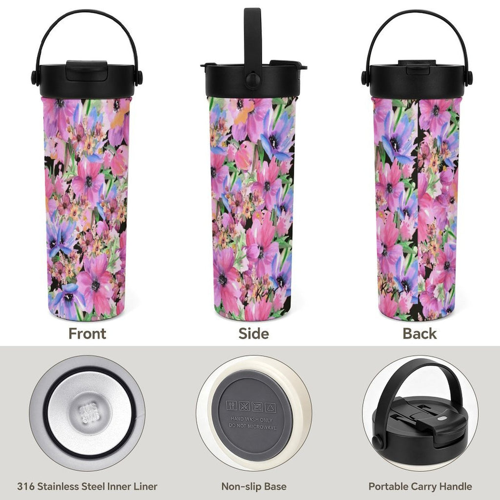 Bright Pink Floral 20oz Tea Tumbler with Carry Handle