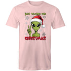 Just Waiting For Christmas, Alien - Mens T-Shirt Pink Mens Christmas T-shirt Christmas Printed In Australia