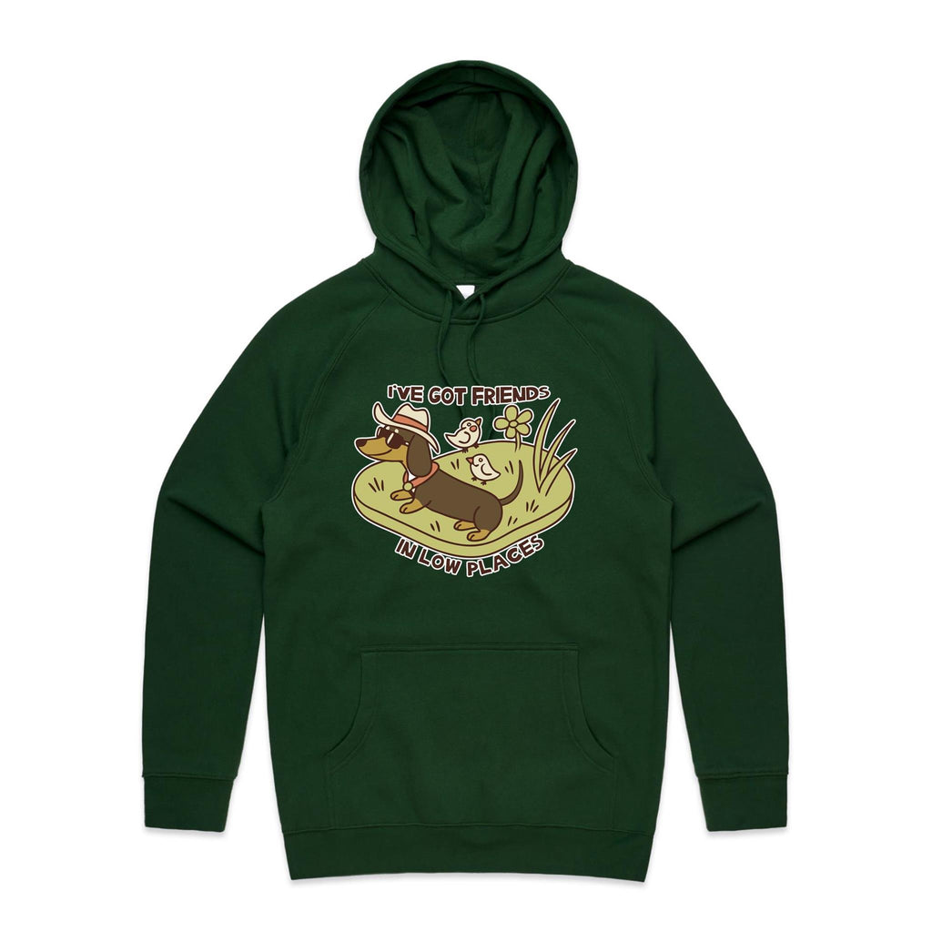 Dachshund, I've Got Friends In Low Places Men's AS Colour Hoodie Forest Green Mens Hoodie animal Printed In Australia