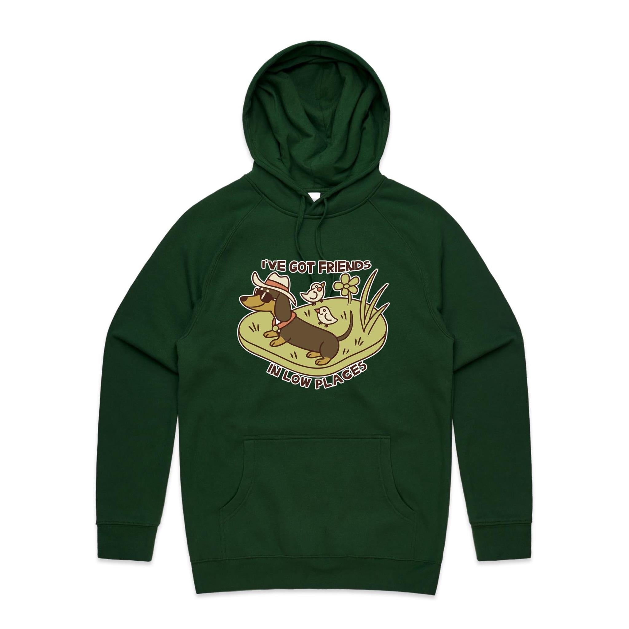 Dachshund, I've Got Friends In Low Places Men's AS Colour Hoodie Forest Green Mens Hoodie animal Printed In Australia
