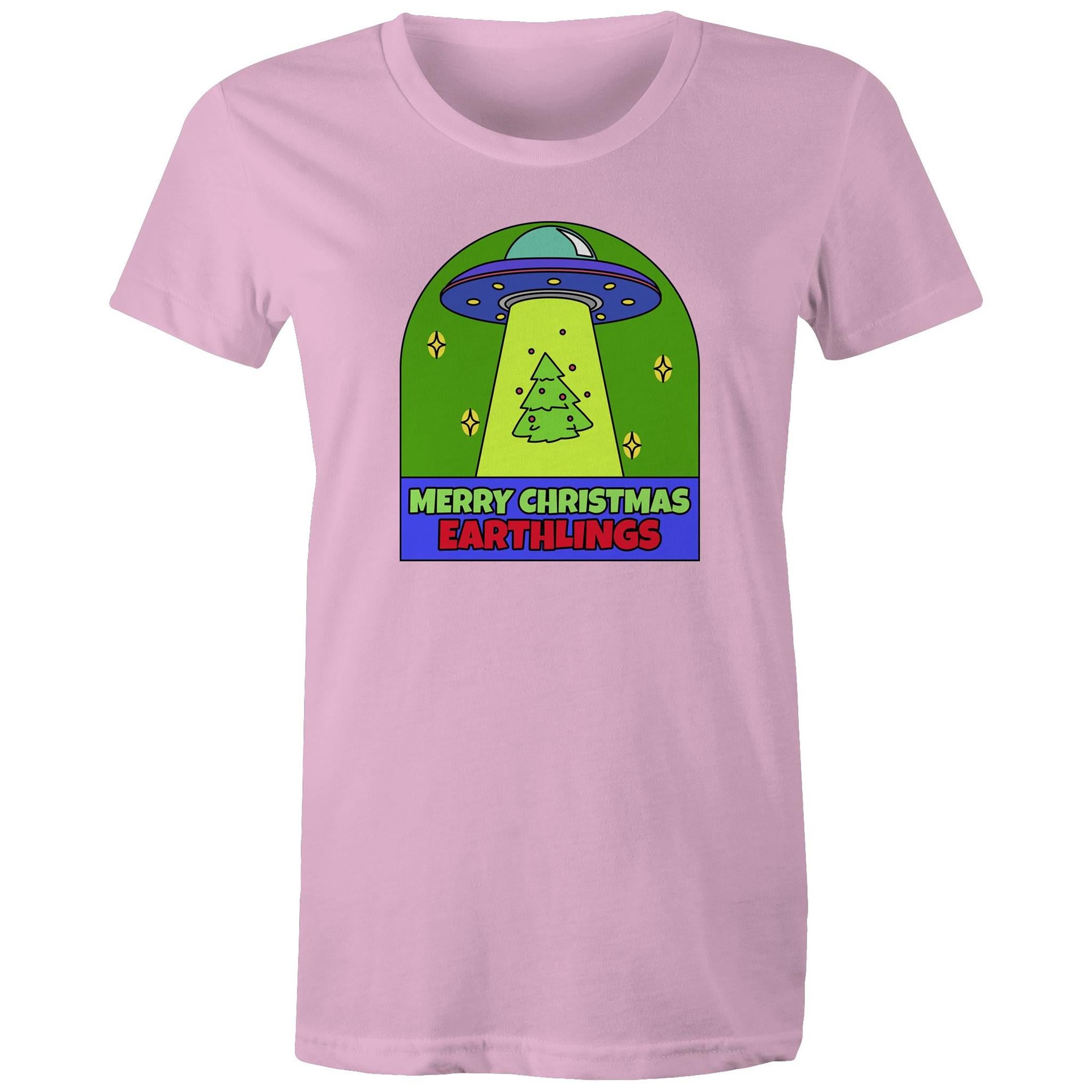 Merry Christmas Earthlings, UFO - Womens T-shirt Pink Womens Christmas T-shirt Christmas Printed In Australia