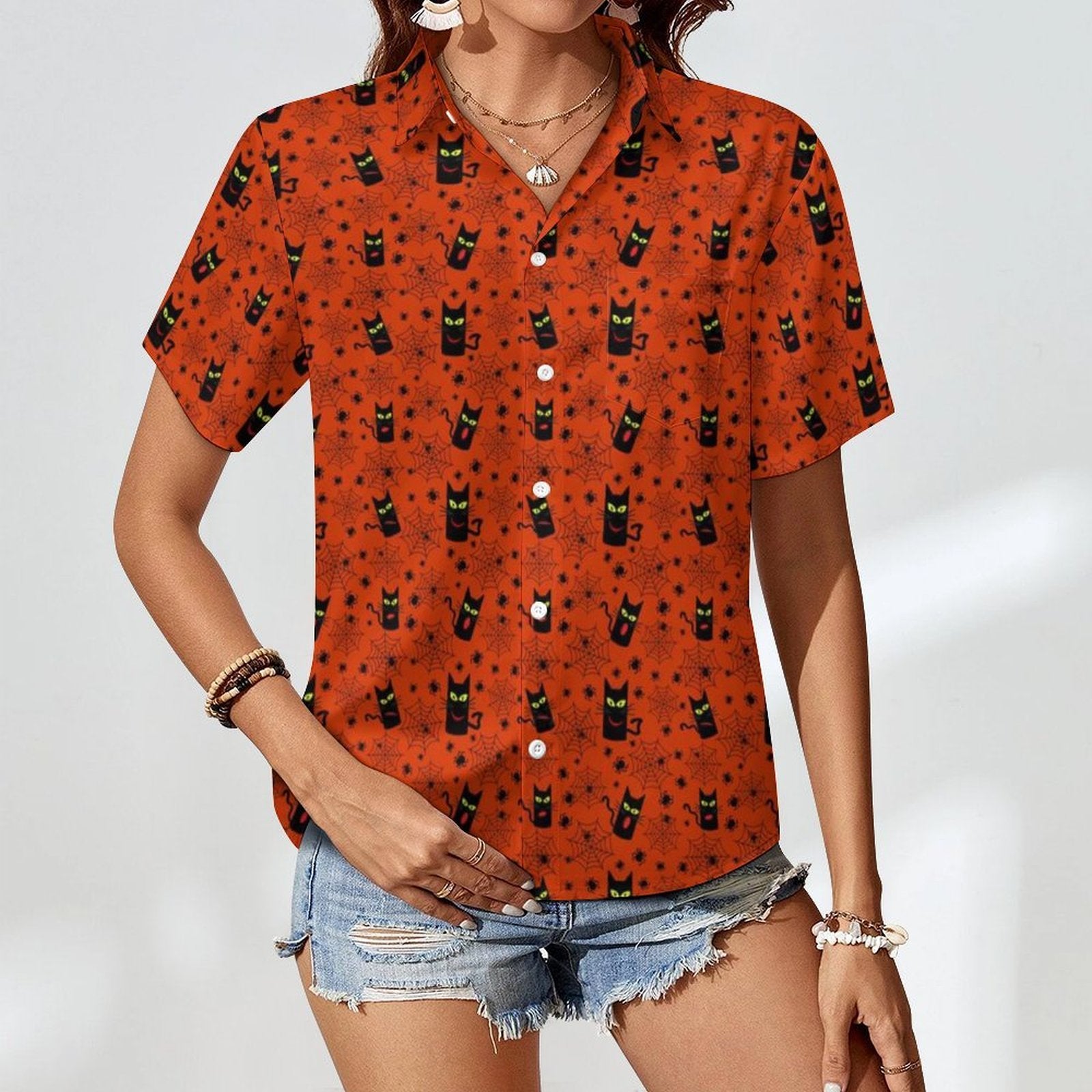 Halloween Black Cats Women's Short-Sleeve Button Up Shirt