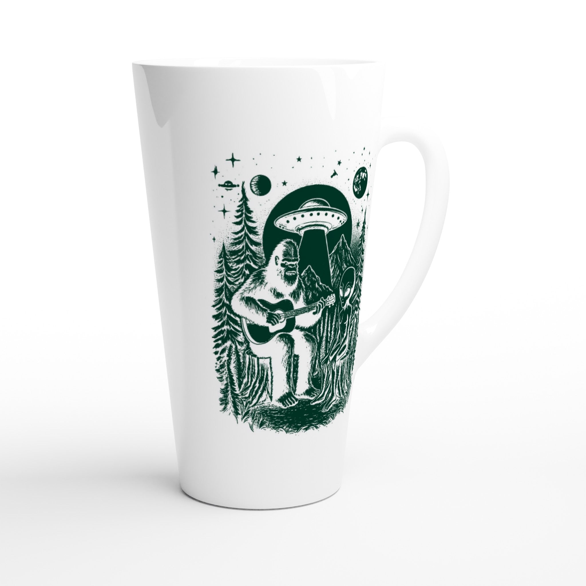 Alien And Bigfoot Play Guitar - White Latte 17oz Ceramic Mug Latte Mug Globally Fulfilled Music Sci Fi