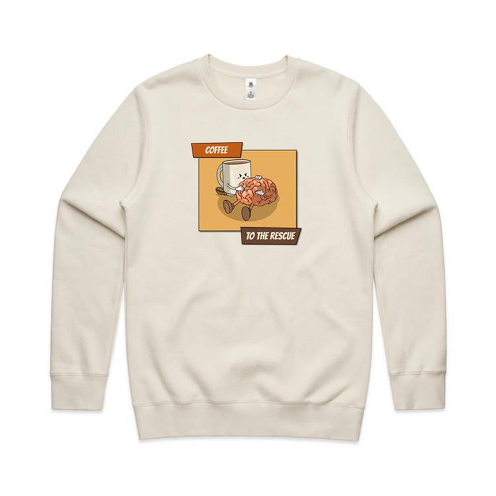 Coffee To The Rescue - AS Colour Stencil Crew Ecru Sweatshirt Coffee Printed In Australia