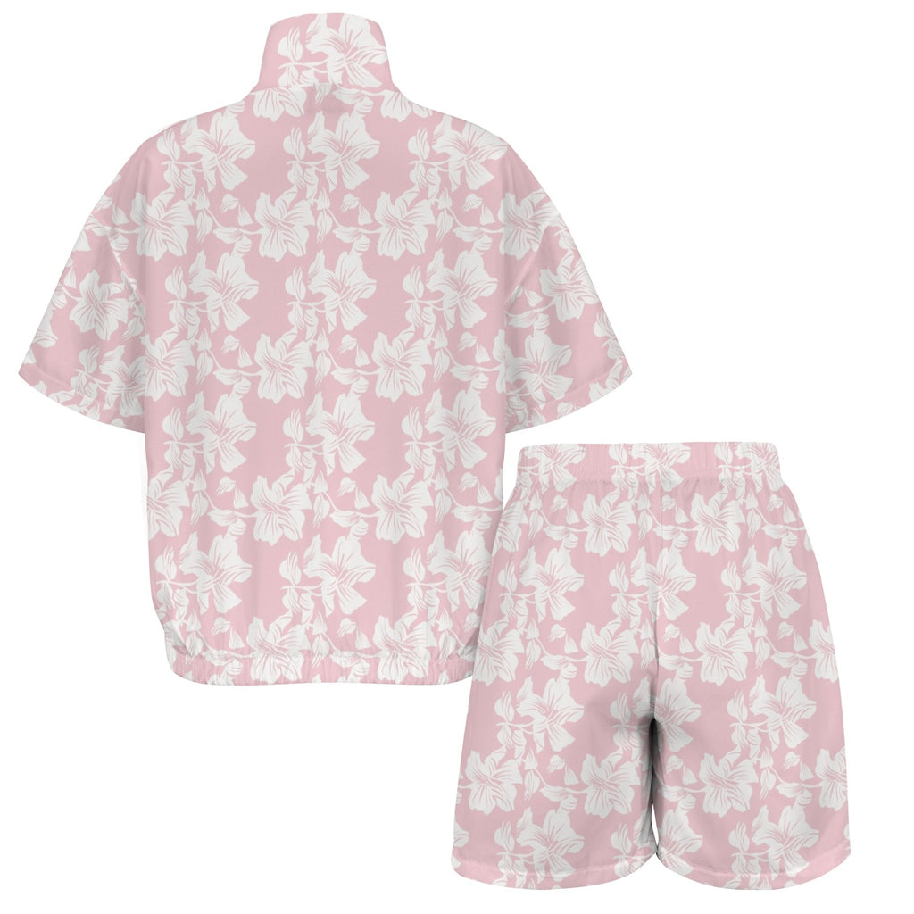 Pink Hawaiian Floral Women's Windbreaker Short Set Women's Windbreaker Short Set Plants Printed Offshore