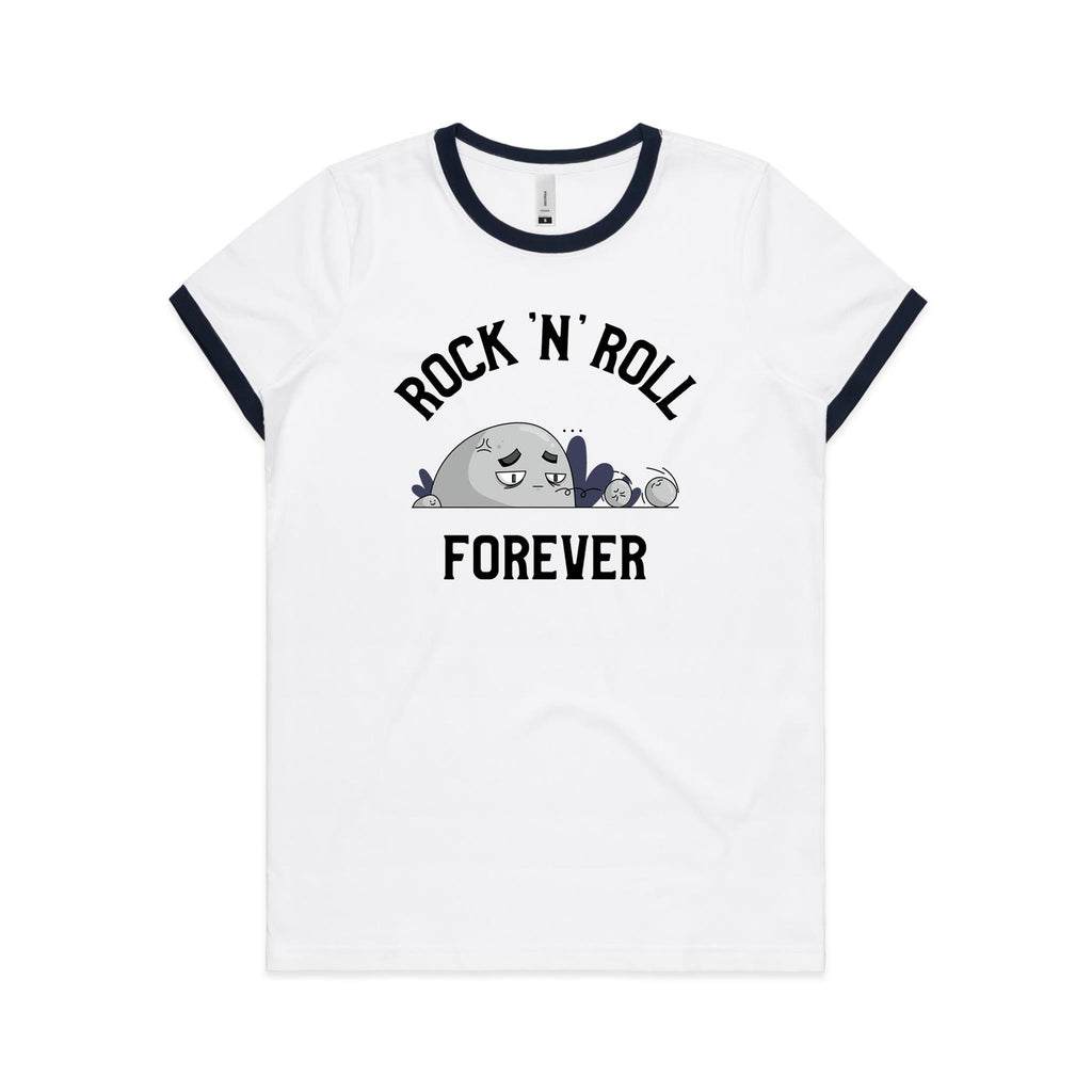 Rock And Roll Forever - Women's Ringer Tee White Navy Womens Ringer T-shirt Music Printed In Australia