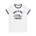 Rock And Roll Forever - Women's Ringer Tee White Navy Womens Ringer T-shirt Music Printed In Australia