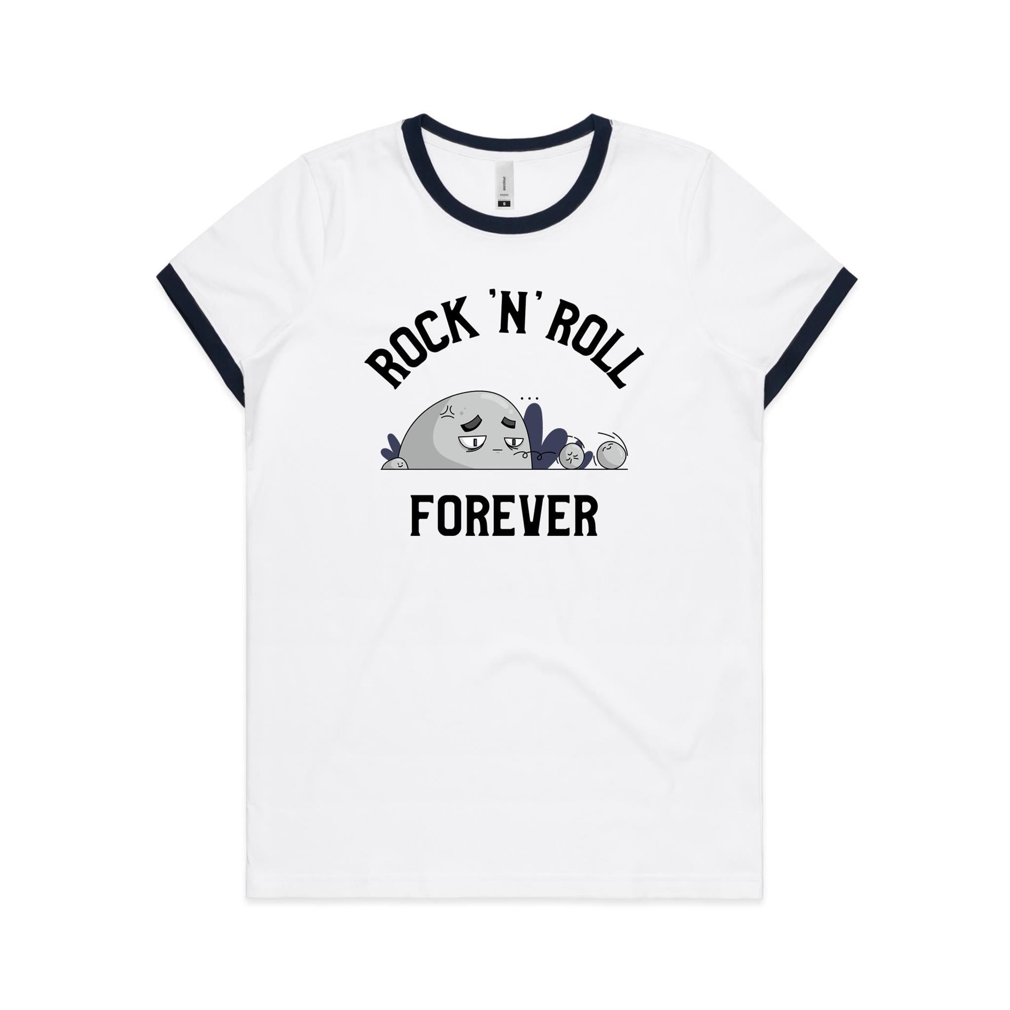 Rock And Roll Forever - Women's Ringer Tee White Navy Womens Ringer T-shirt Music Printed In Australia