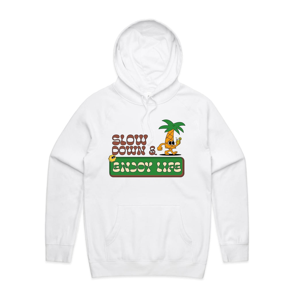 Slow Down And Enjoy Life, Palm Tree - Mens Hoodie White Mens Hoodie Printed In Australia Summer
