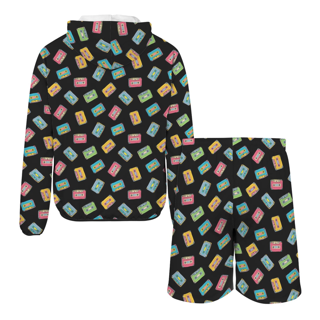 Colourful Cassettes Men's Lightweight Sun Hoodie & Shorts Set Men's Lightweight Sun Hoodie & Shorts Music Printed Offshore Retro