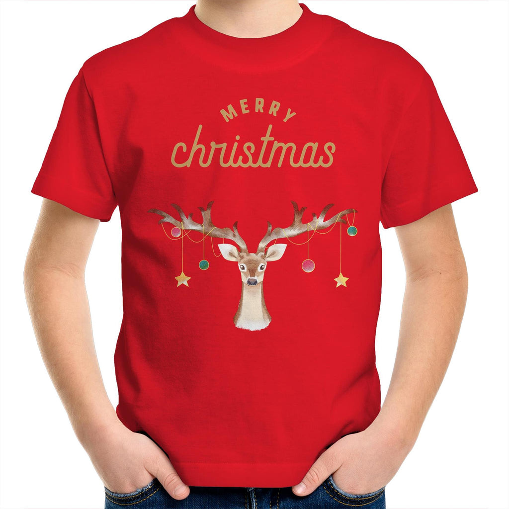 Merry Christmas Reindeer - Kids Youth T-Shirt Red Kids Christmas T-shirt Christmas Printed In Australia