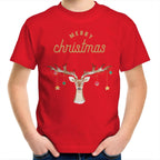Merry Christmas Reindeer - Kids Youth T-Shirt Red Kids Christmas T-shirt Christmas Printed In Australia
