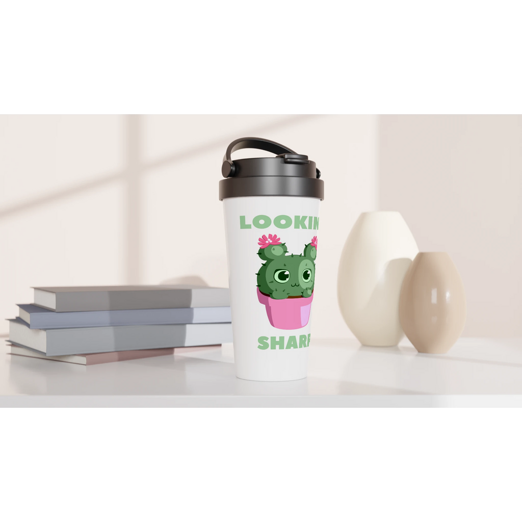 Looking Sharp - White 15oz Stainless Steel Travel Mug Travel Mug black lid cacti cactus coffee cute flower garden handle plant screw on lid spill proof to go