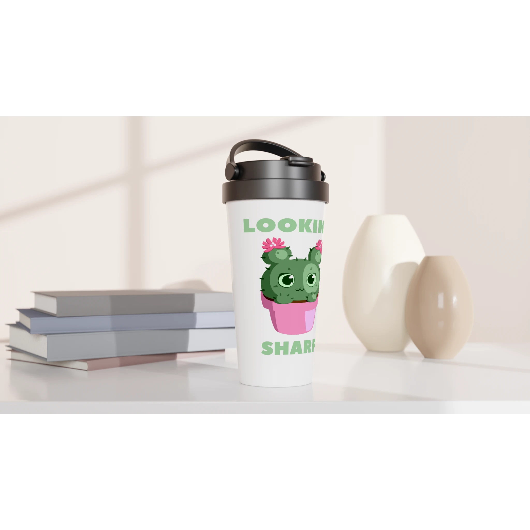 Looking Sharp - White 15oz Stainless Steel Travel Mug Travel Mug black lid cacti cactus coffee cute flower garden handle plant screw on lid spill proof to go