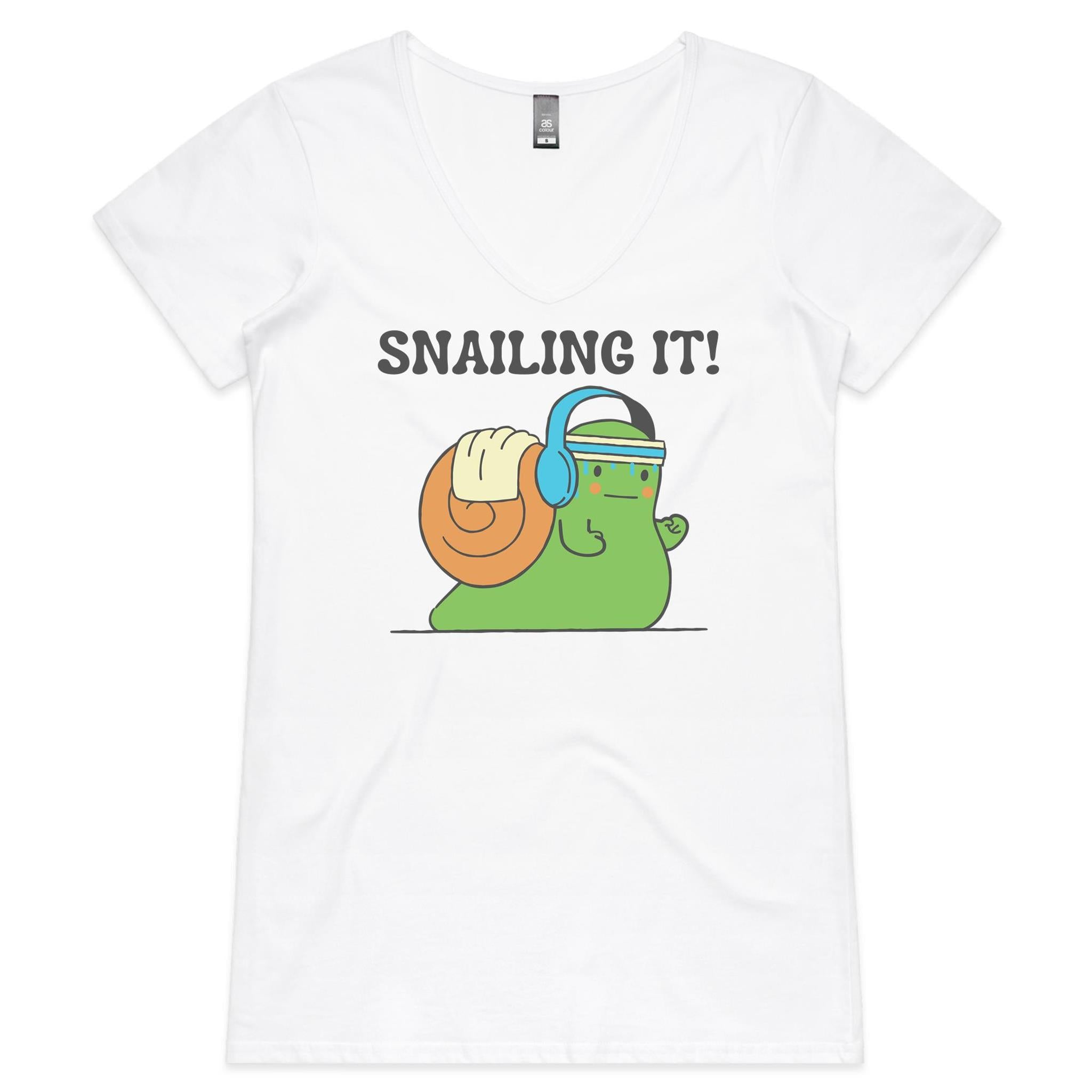Snailing It, Fitness - Womens V-Neck T-Shirt White Womens Active V-Neck T-shirt Fitness Printed In Australia