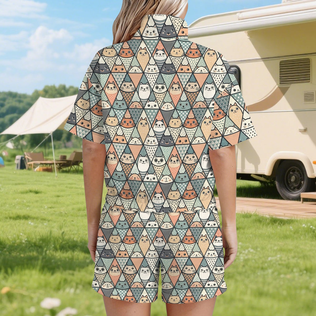Diamond Cat Pattern Women's Windbreaker Short Set Women's Windbreaker Short Set animal Printed Offshore