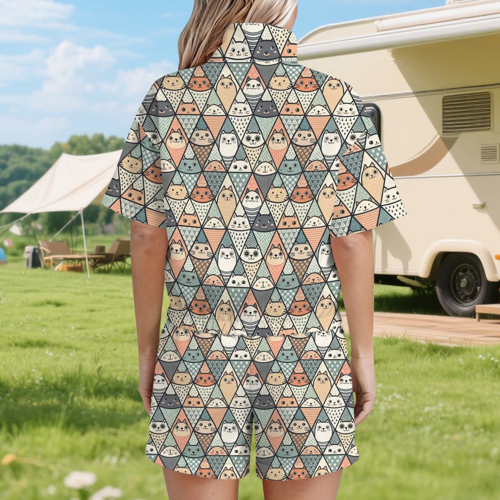 Diamond Cat Pattern Women's Windbreaker Short Set Women's Windbreaker Short Set animal Printed Offshore