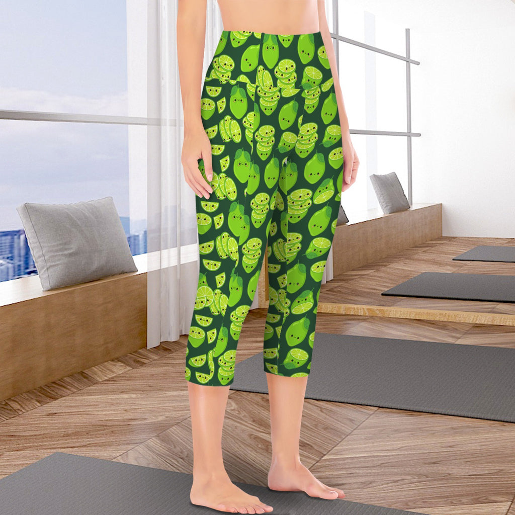 Cute Limes Women's High Waist Pocket Capri Yoga Leggings Women's High Waist Capri Yoga Leggings Food Printed Offshore