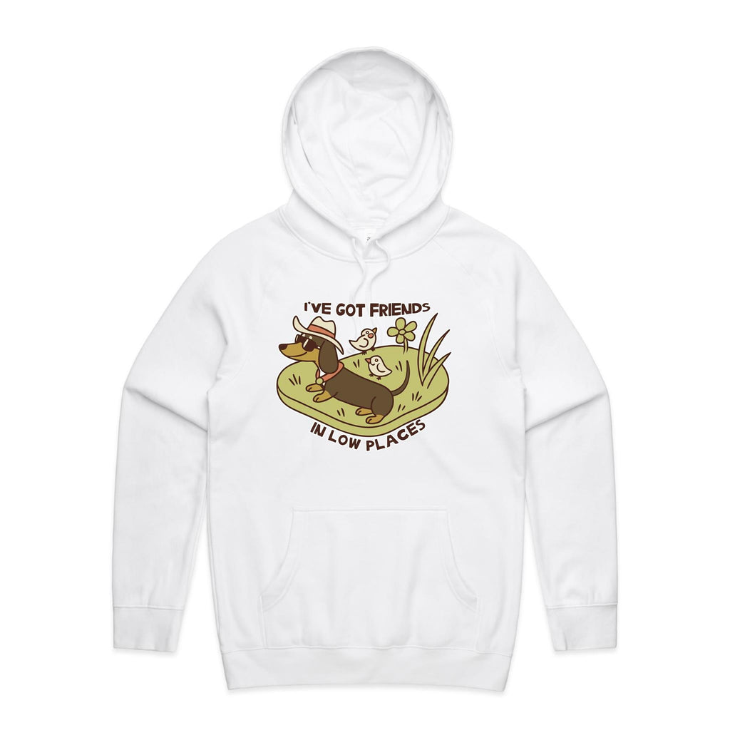 Dachshund, I've Got Friends In Low Places Men's AS Colour Hoodie White Mens Hoodie animal Printed In Australia