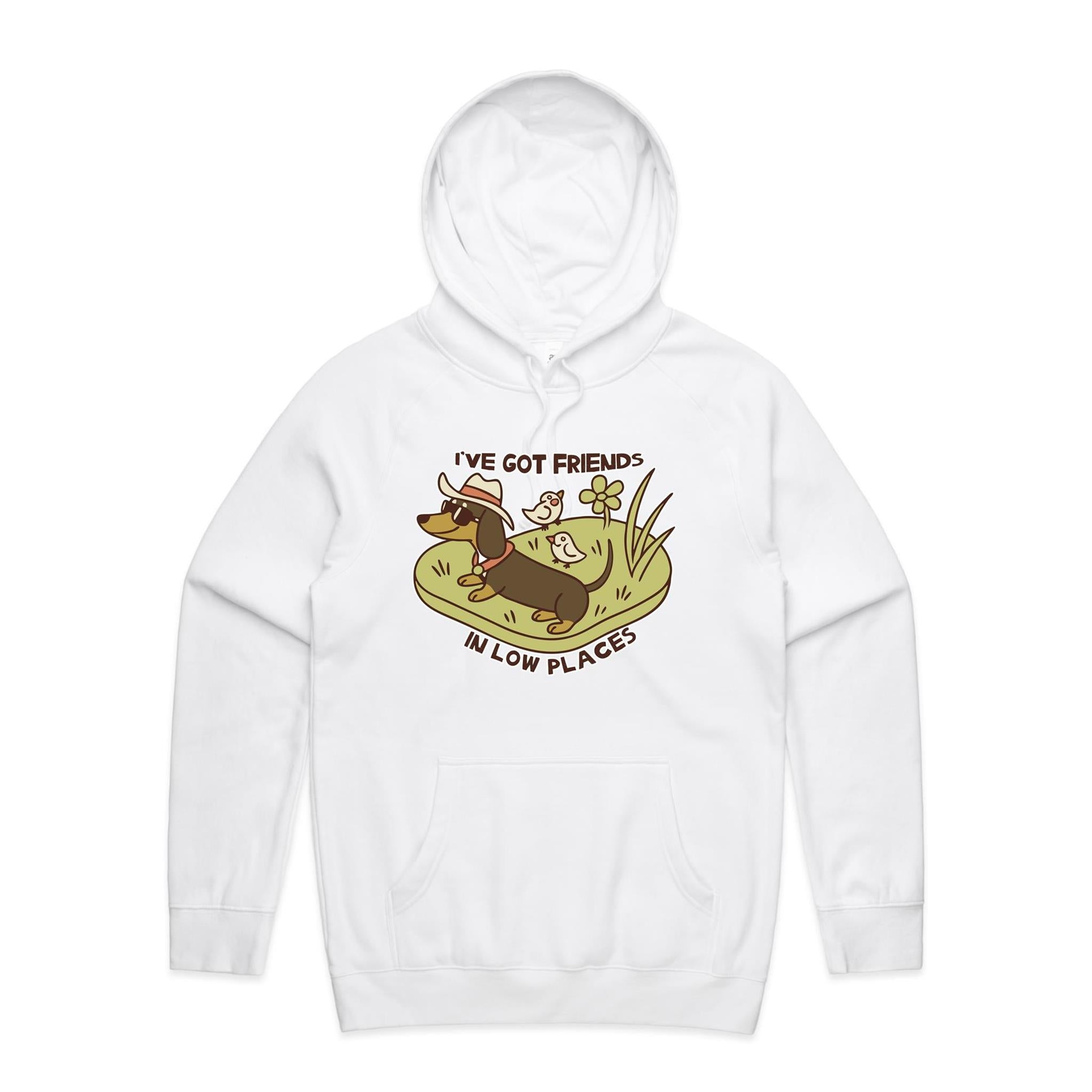 Dachshund, I've Got Friends In Low Places Men's AS Colour Hoodie White Mens Hoodie animal Printed In Australia
