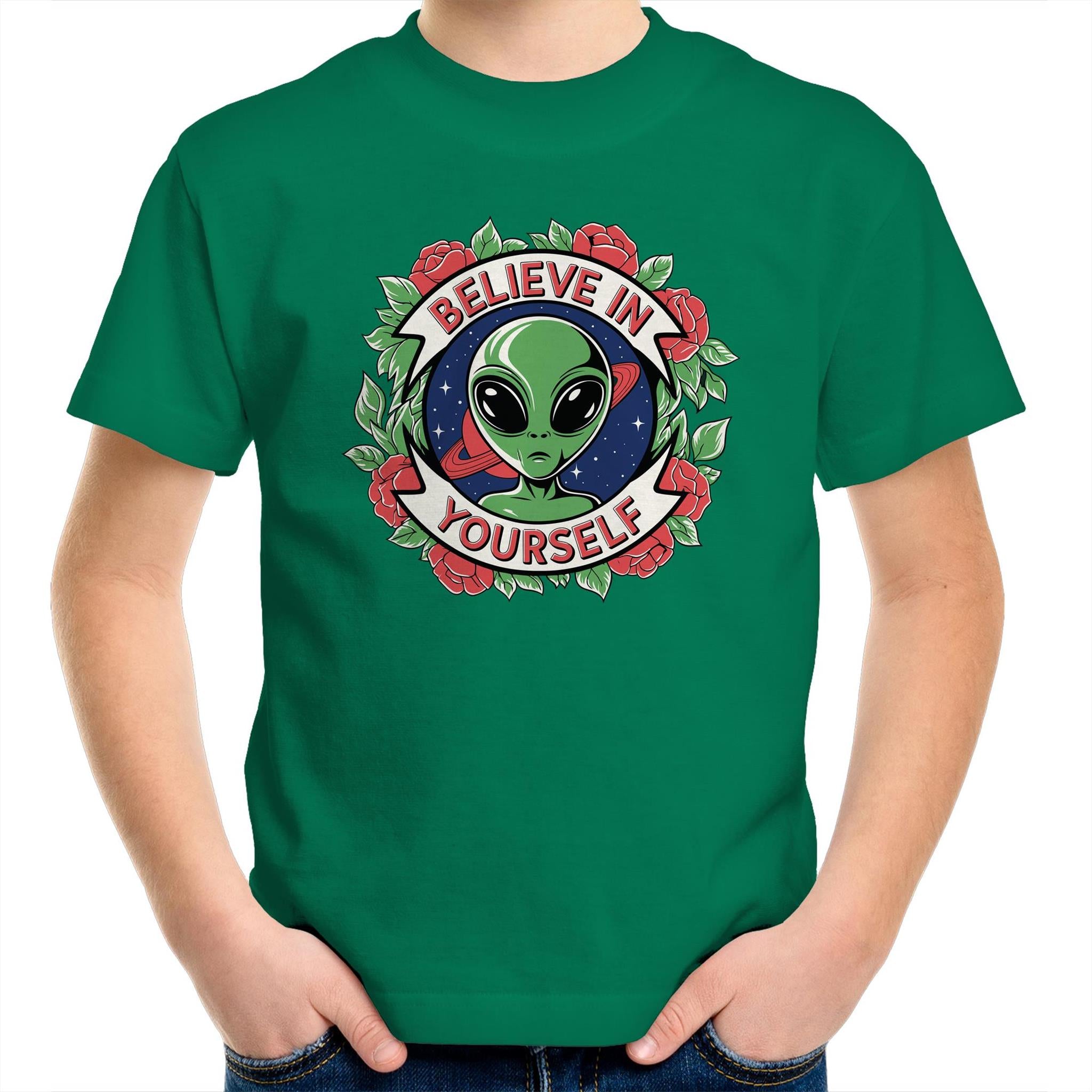 Believe In Yourself, Alien - Kids Youth T-shirt Kelly Green Kids Youth T-shirt Motivation Positivity Printed In Australia Sci Fi