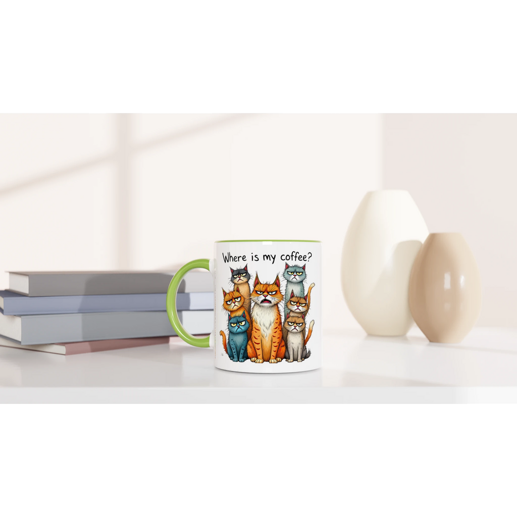 Where Is My Coffee, Cranky Cats - White 11oz Ceramic Mug with Colour Inside Colour 11oz Mug animal Coffee Globally Fulfilled