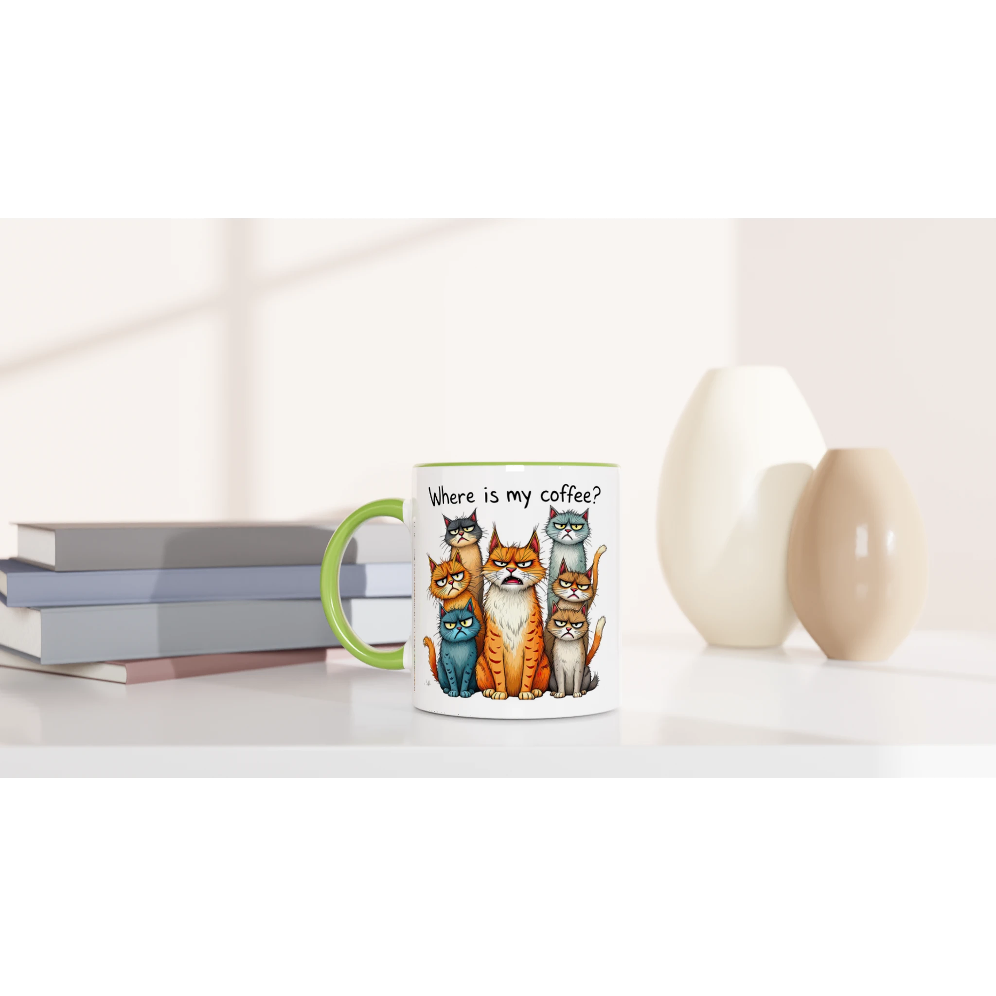Where Is My Coffee, Cranky Cats - White 11oz Ceramic Mug with Colour Inside Colour 11oz Mug animal Coffee Globally Fulfilled
