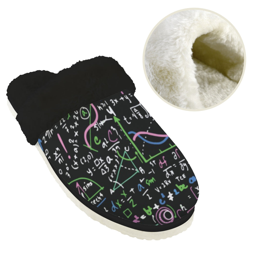 Equations In Green And Pink Women's Fur Trim Thick-Sole Indoor Slippers Women's Fur Trimmed Slippers Maths Printed Offshore