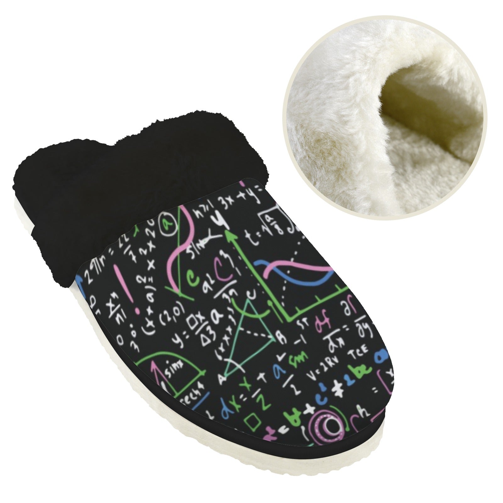 Equations In Green And Pink Women's Fur Trim Thick-Sole Indoor Slippers Women's Fur Trimmed Slippers Maths Printed Offshore