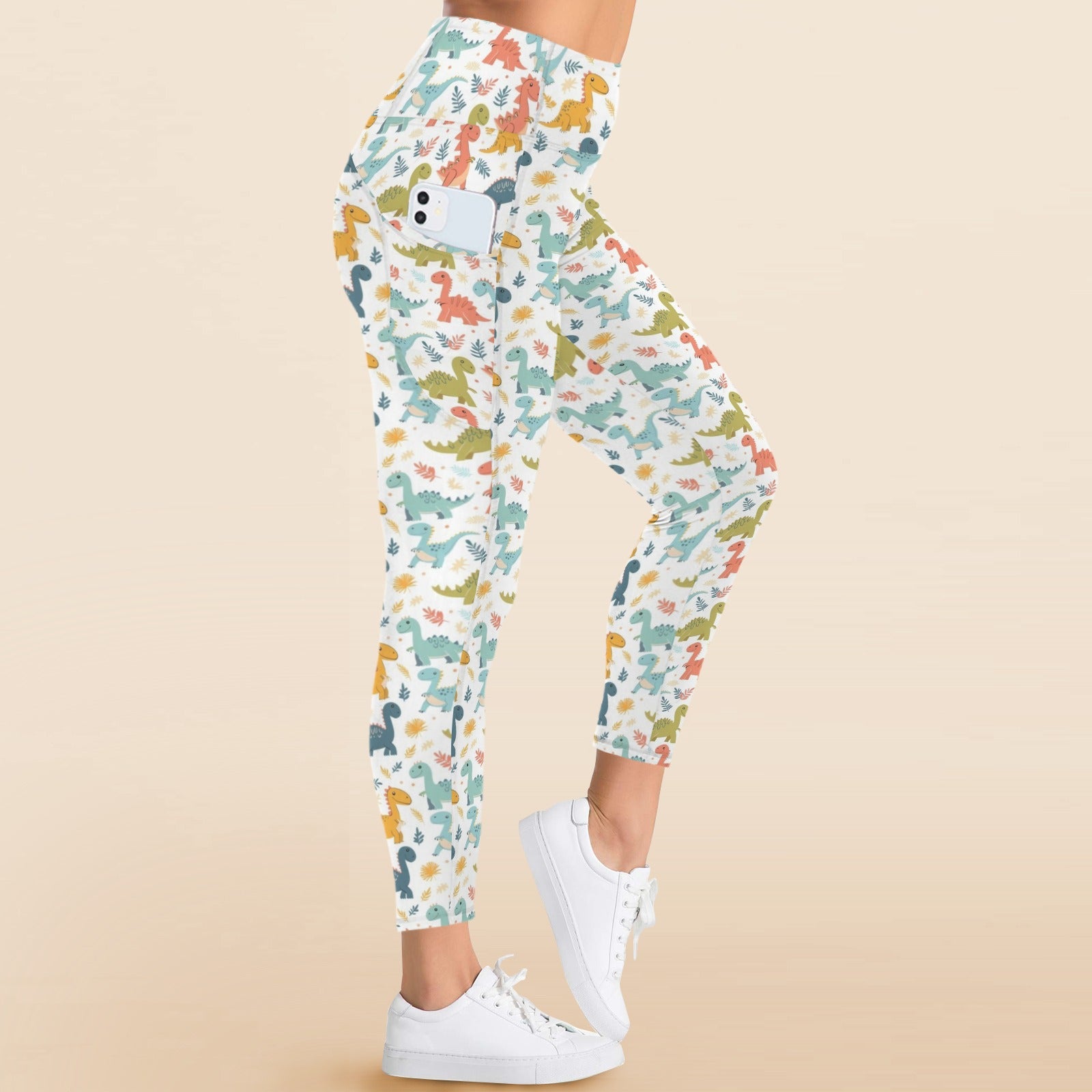 Cute Colourful Dinosaurs - Women's High Waist Pockets Yoga Leggings