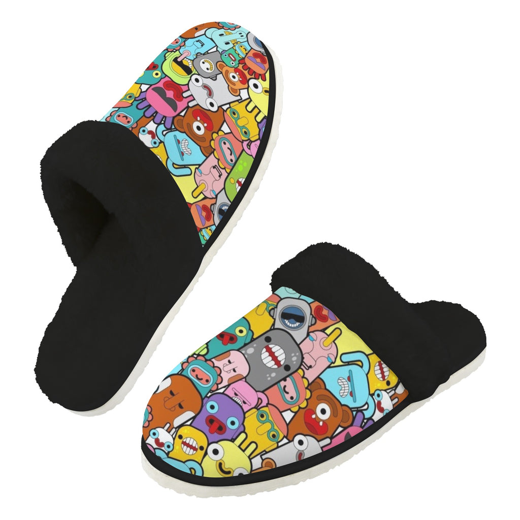 Happy Monsters Men's Fur Trim Thick-Sole Indoor Slippers 2XL Men's Fur Trimmed Slippers Printed Offshore Sci Fi