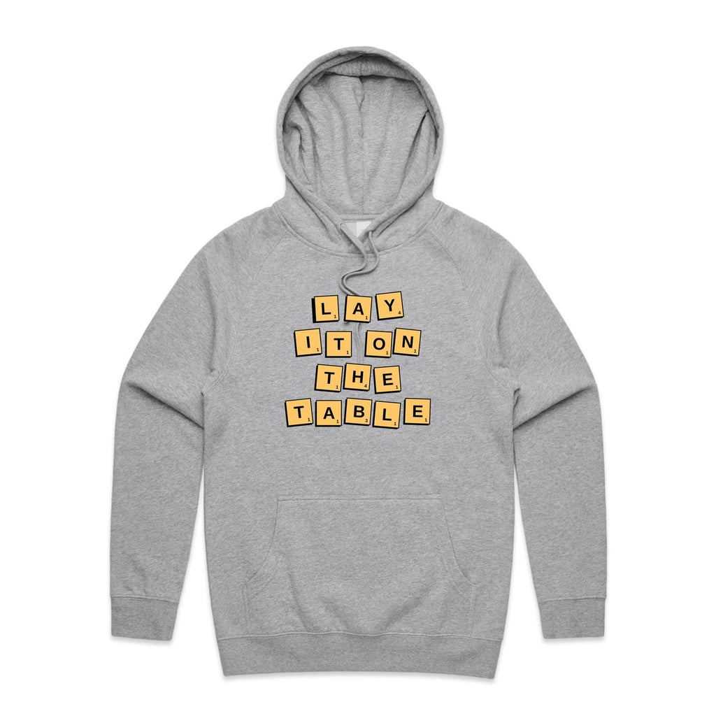 Lay It On The Table - Mens Hoodie Grey Marle Mens Hoodie Games Printed In Australia