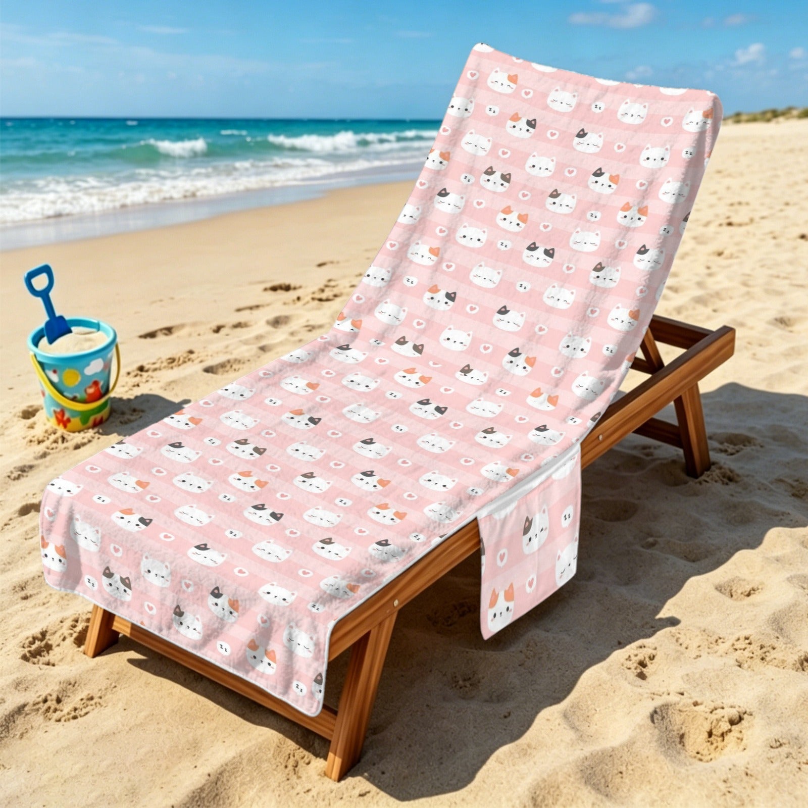 Pink Cats Beach Chair Towel Cover with Side Pockets