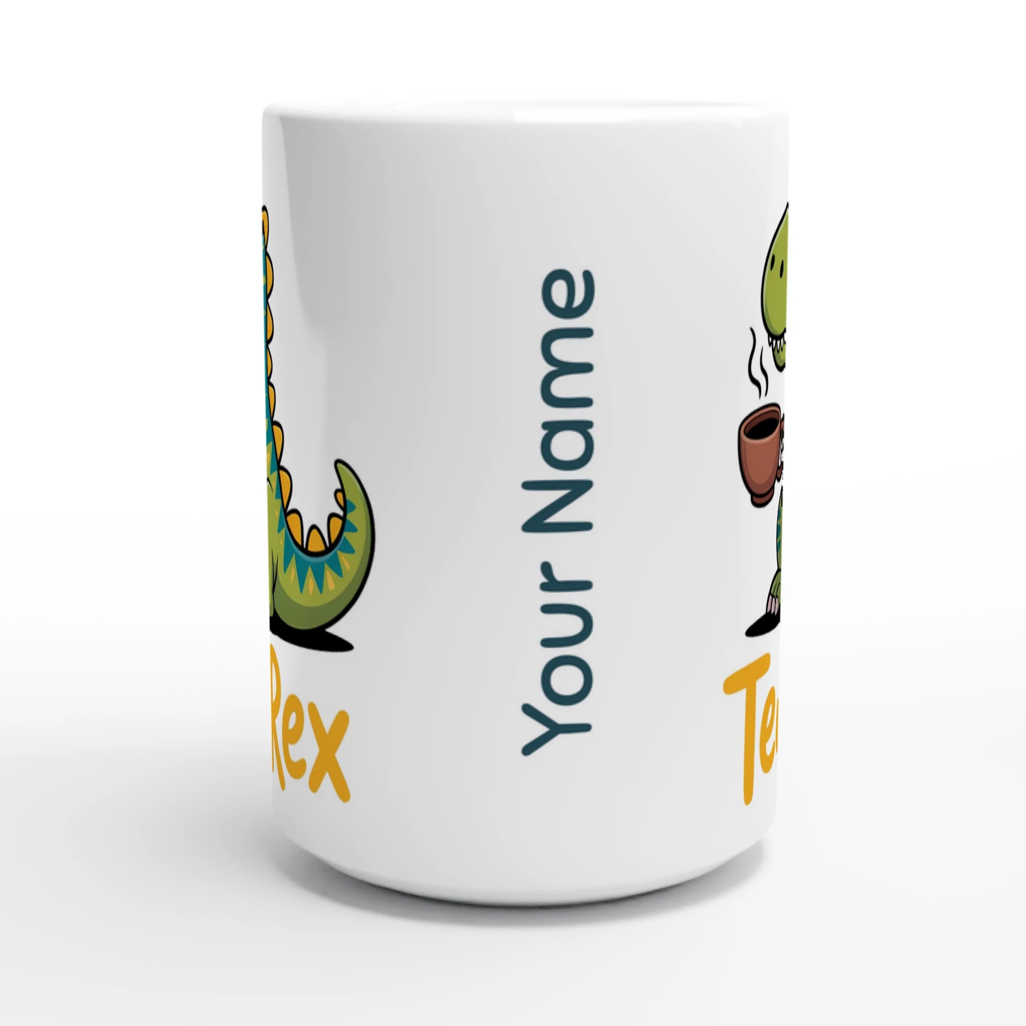 Personalised - Tea-Rex, Tea Drinking Dinosaur - White 15oz Ceramic Mug Personalised 15oz Mug Globally Fulfilled Tea