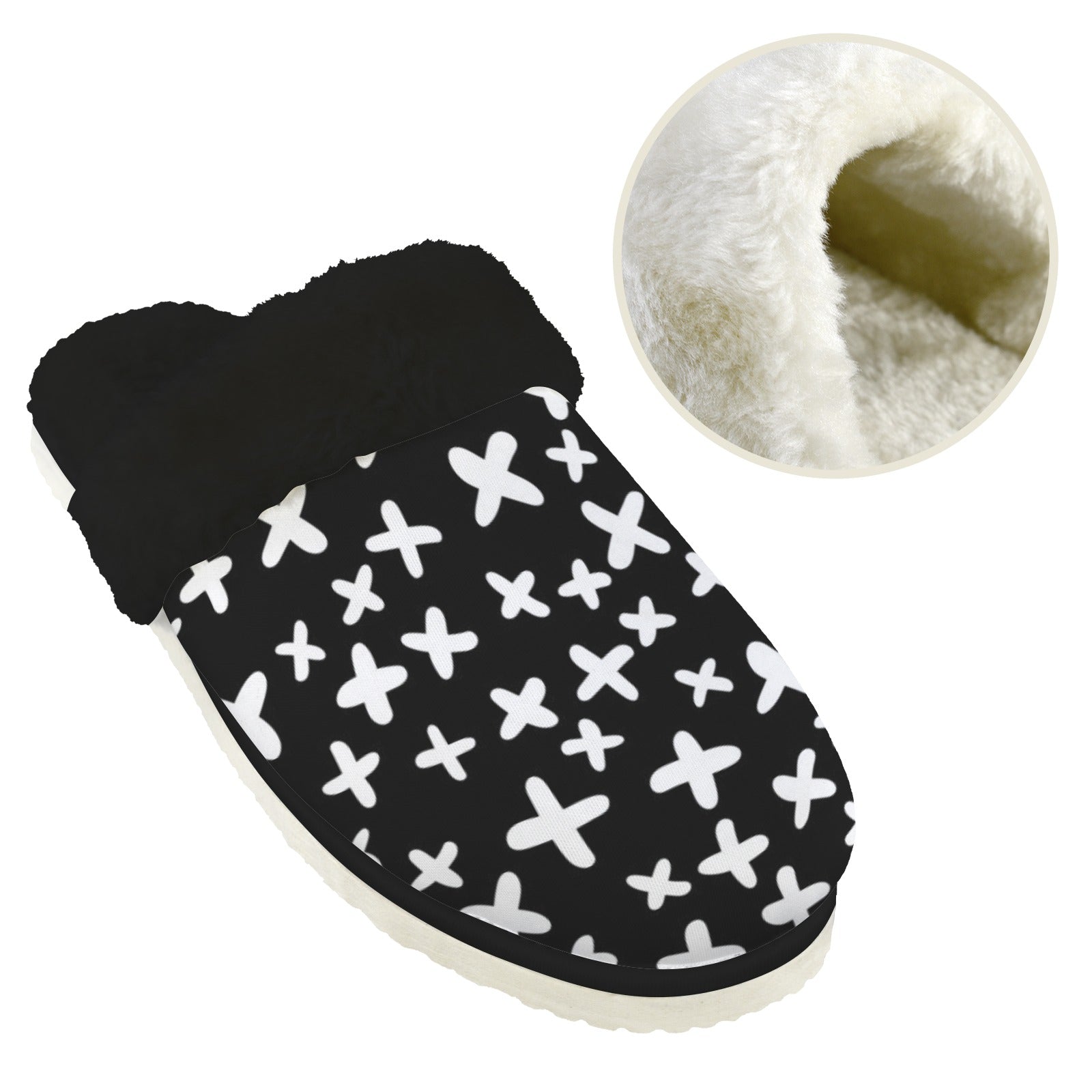 Black And White X's - Men's Fur Trim Thick-Sole Indoor Slippers Men's Fur Trimmed Slippers Printed Offshore