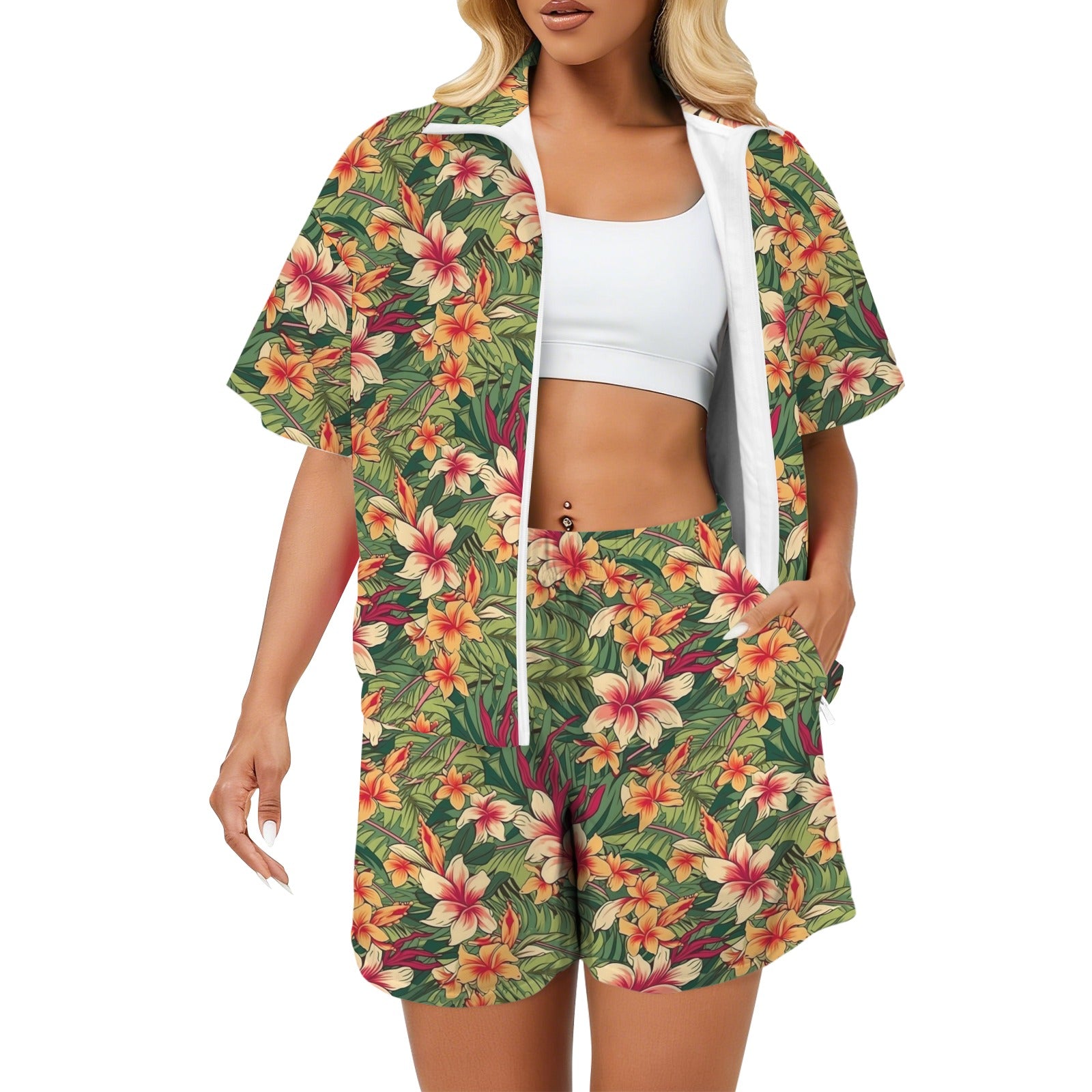 Vintage Hawaiian Floral Women's Windbreaker Short Set 2XL Women's Windbreaker Short Set Plants Printed Offshore