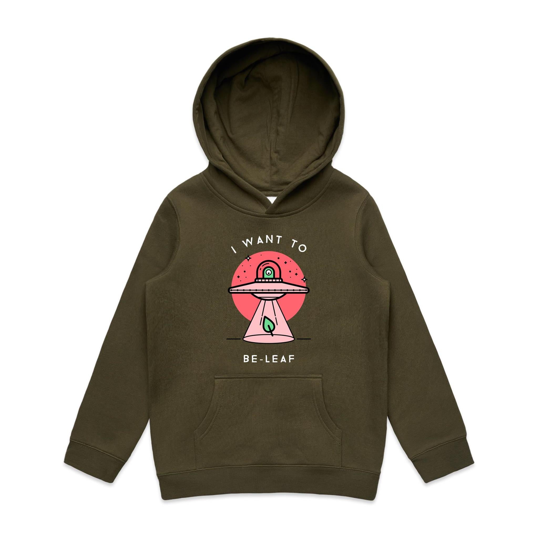 UFO, I Want To Be-Leaf - Kids Hoodie Army Kids Hoodie Printed In Australia