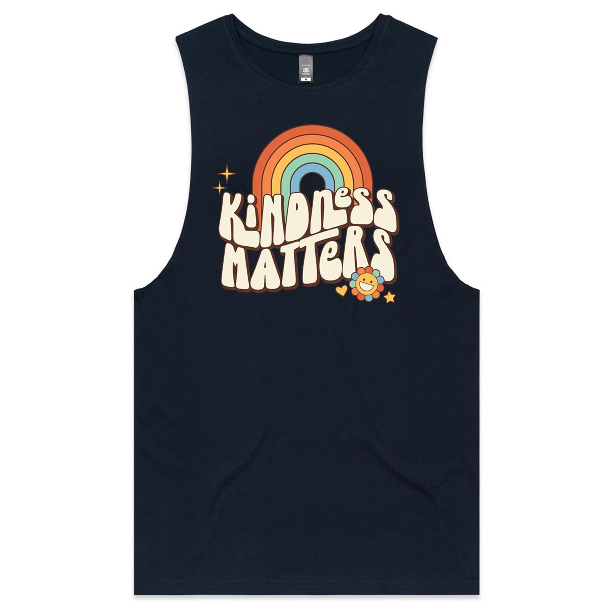 Kindness Matters - Mens Tank Top Tee Navy Drop Arm Tank Top Kindness Printed In Australia
