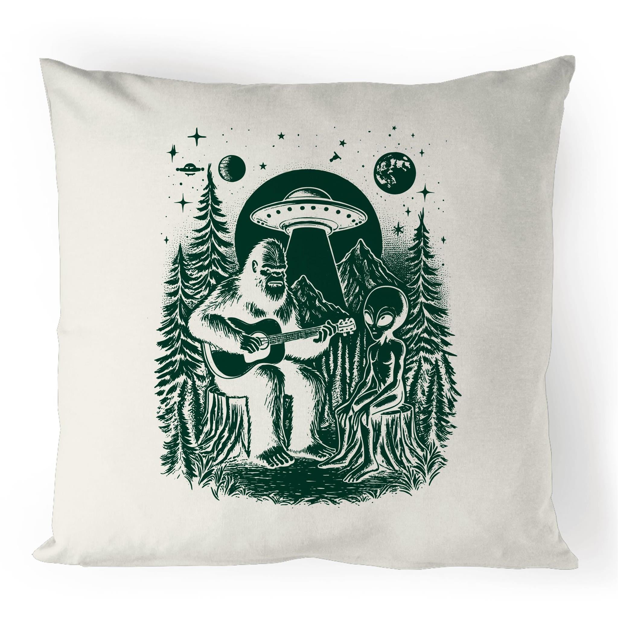 Alien And Bigfoot Playing Guitar - 100% Linen Cushion Cover Default Title Linen Cushion Covers Music Printed In Australia Sci Fi