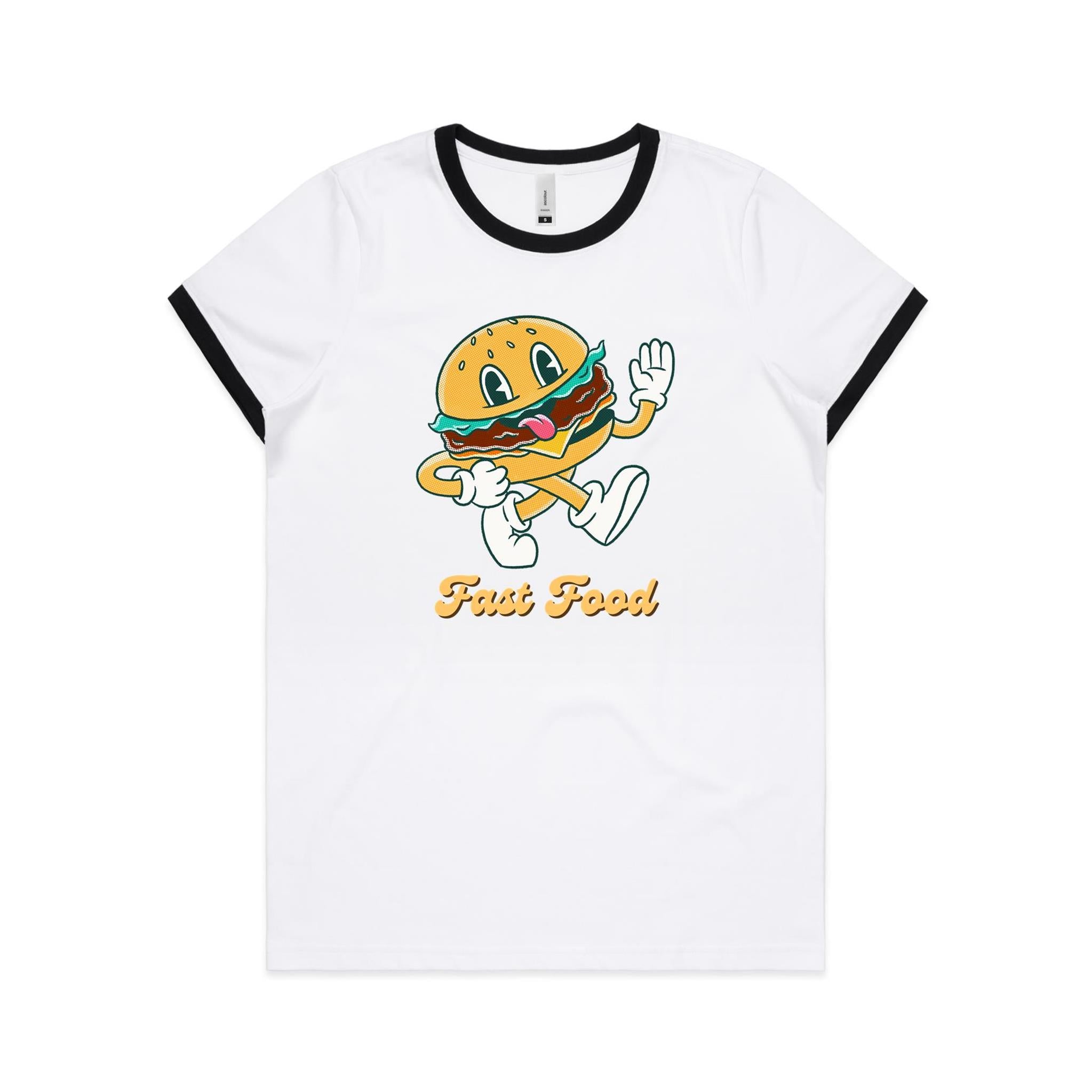 Fast Food - Women's Ringer Tee White Black Womens Ringer T-shirt Food Printed In Australia