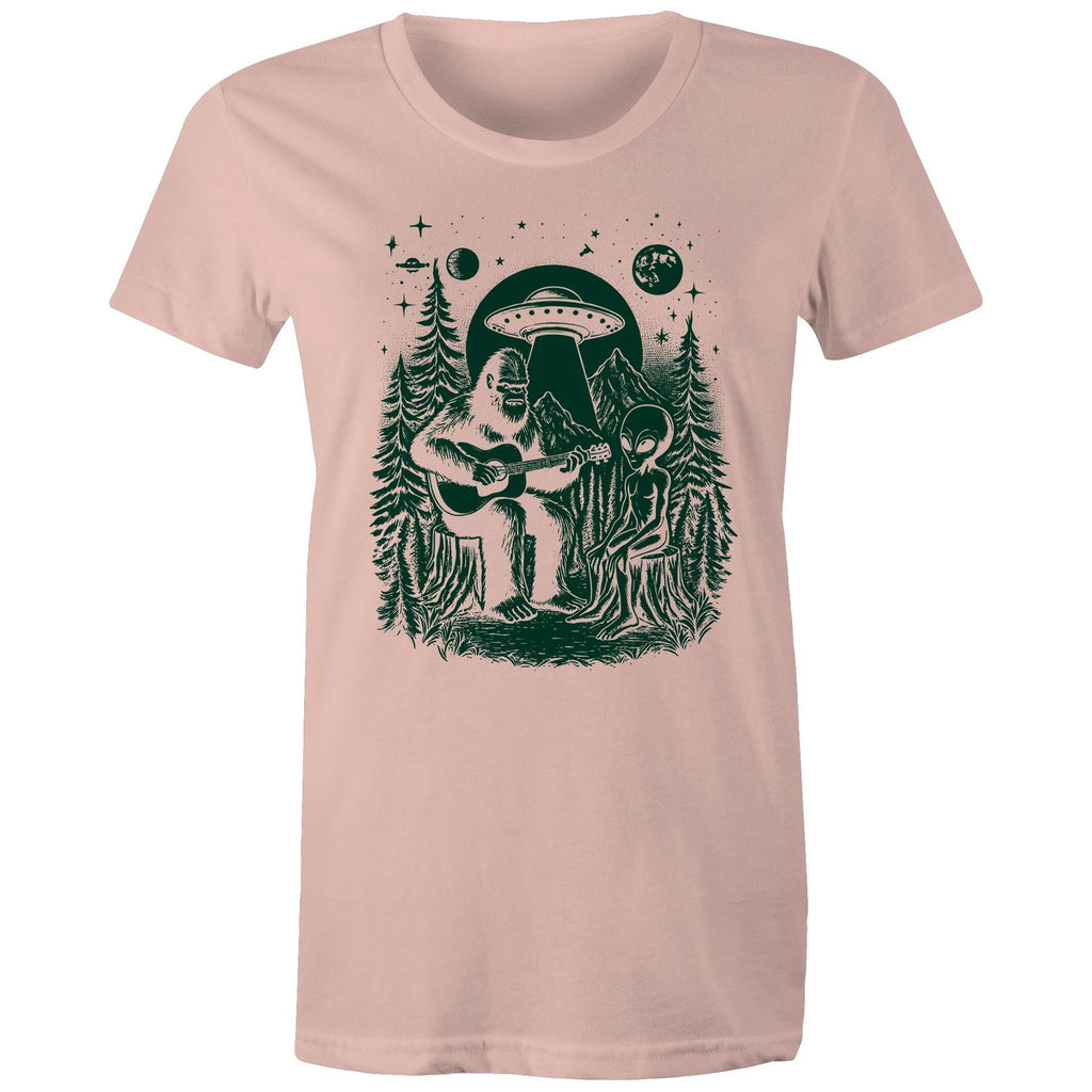 Alien And Bigfoot Play Guitar - Womens T-shirt Pale Pink Womens T-shirt Music Printed In Australia Sci Fi