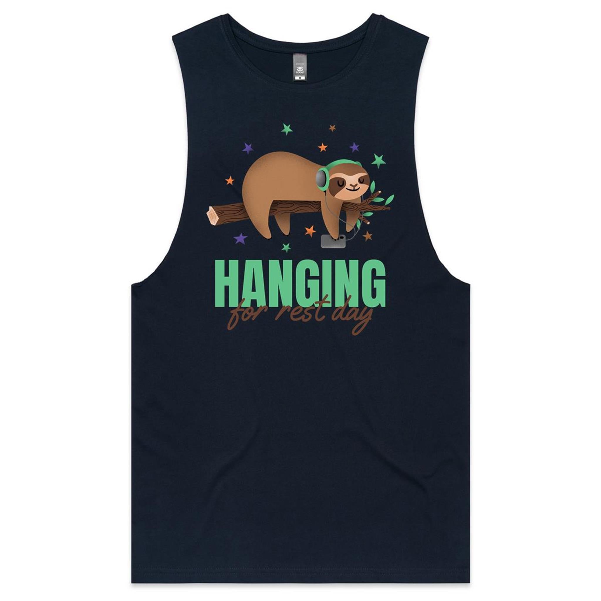 Hanging For Rest Day, Sloth - Tank Top Tee Navy Drop Arm Tank Top Fitness Printed In Australia