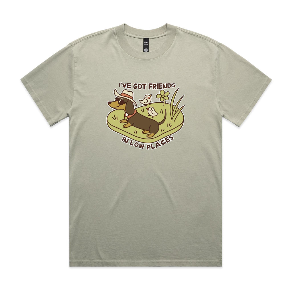 Dachshund, I've Got Friends In Low Places AS Colour Heavy Faded Tee Unisex Faded eucalyptus Heavy Faded T-shirt animal Printed In Australia