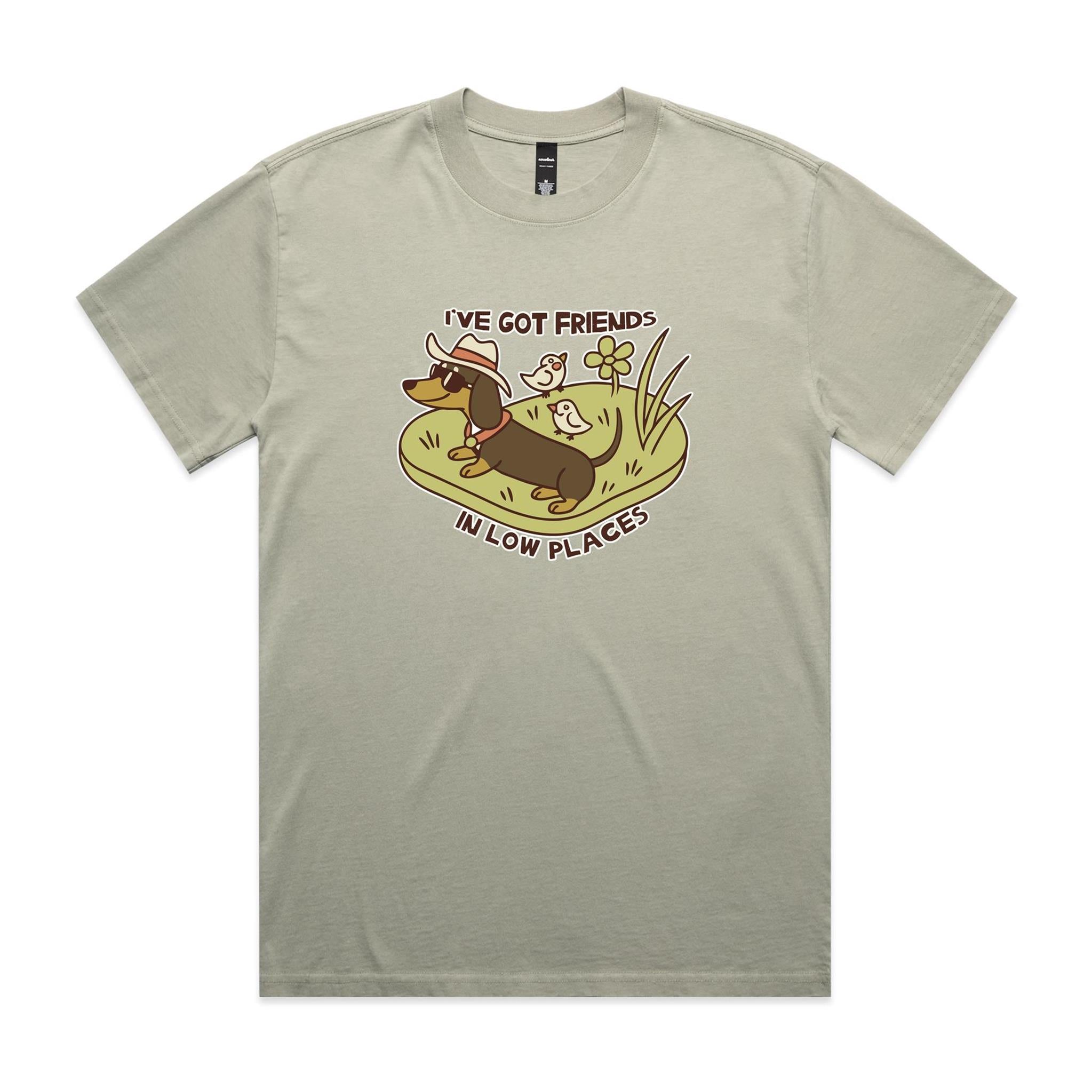 Dachshund, I've Got Friends In Low Places AS Colour Heavy Faded Tee Unisex Faded eucalyptus Heavy Faded T-shirt animal Printed In Australia