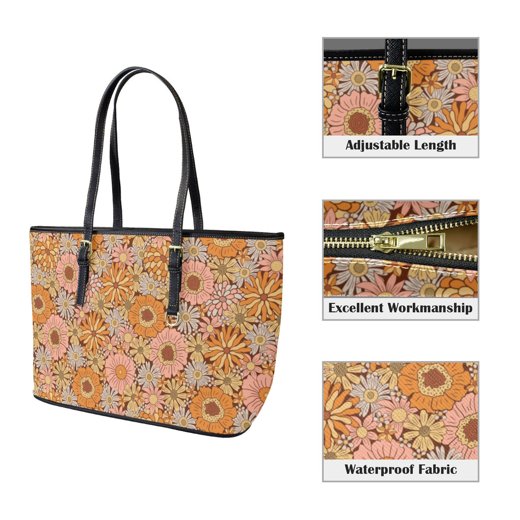Orange Retro Floral PU Leather Tote Bag Large
