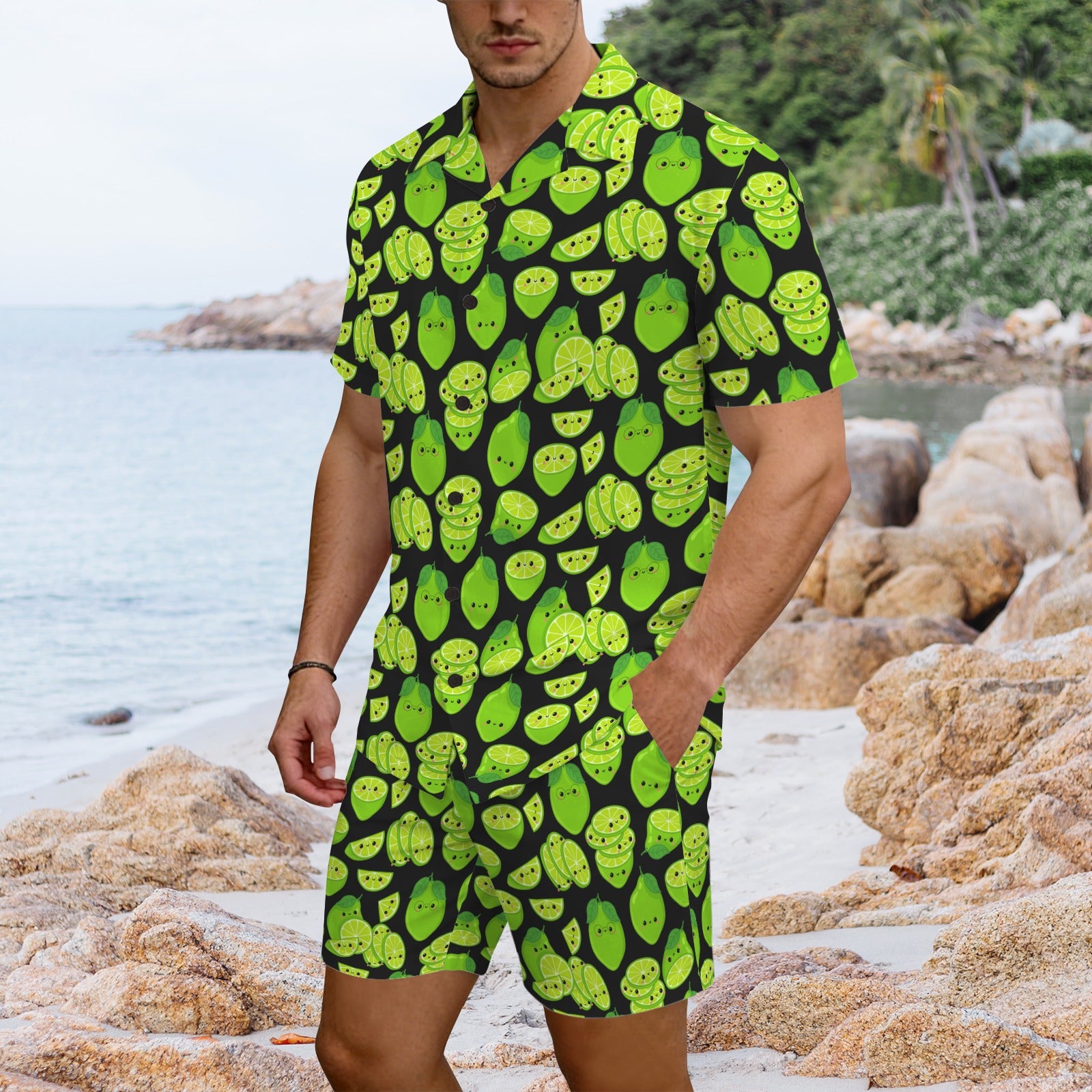 Cute Limes Men's Hawaiian Shirt & Shorts Set Men's Hawaiian Shirt & Shorts Set Food Printed Offshore