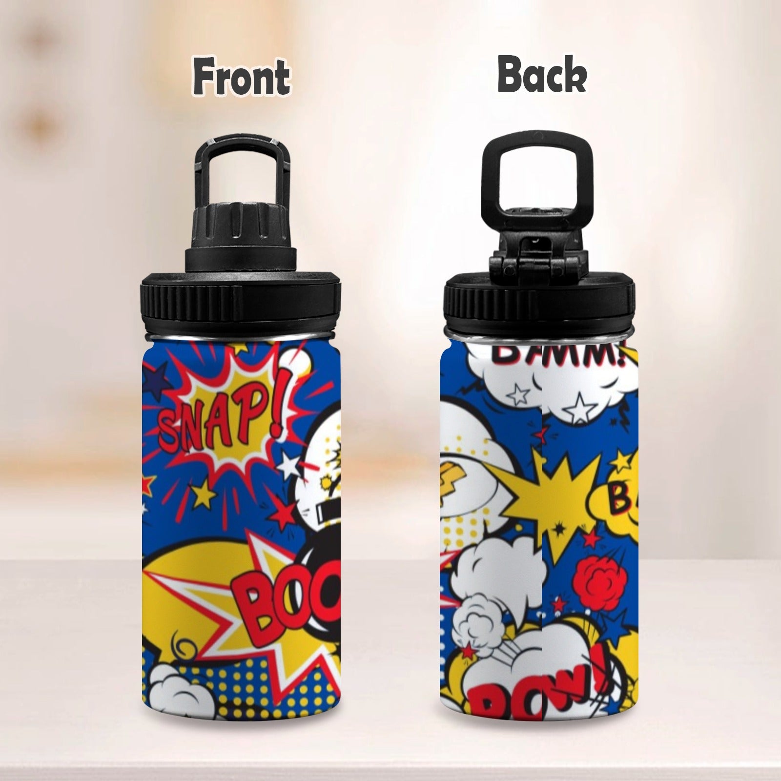 Blue Comic Book - Kids Water Bottle with Chug Lid (12 oz) Kids Water Bottle with Chug Lid comic Printed Offshore
