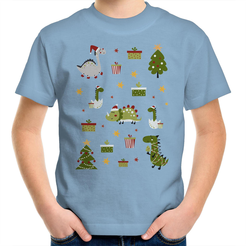 Cute Dinosaur Christmas - Kids Youth T-Shirt Carolina Blue Kids Christmas T-shirt Christmas Printed In Australia