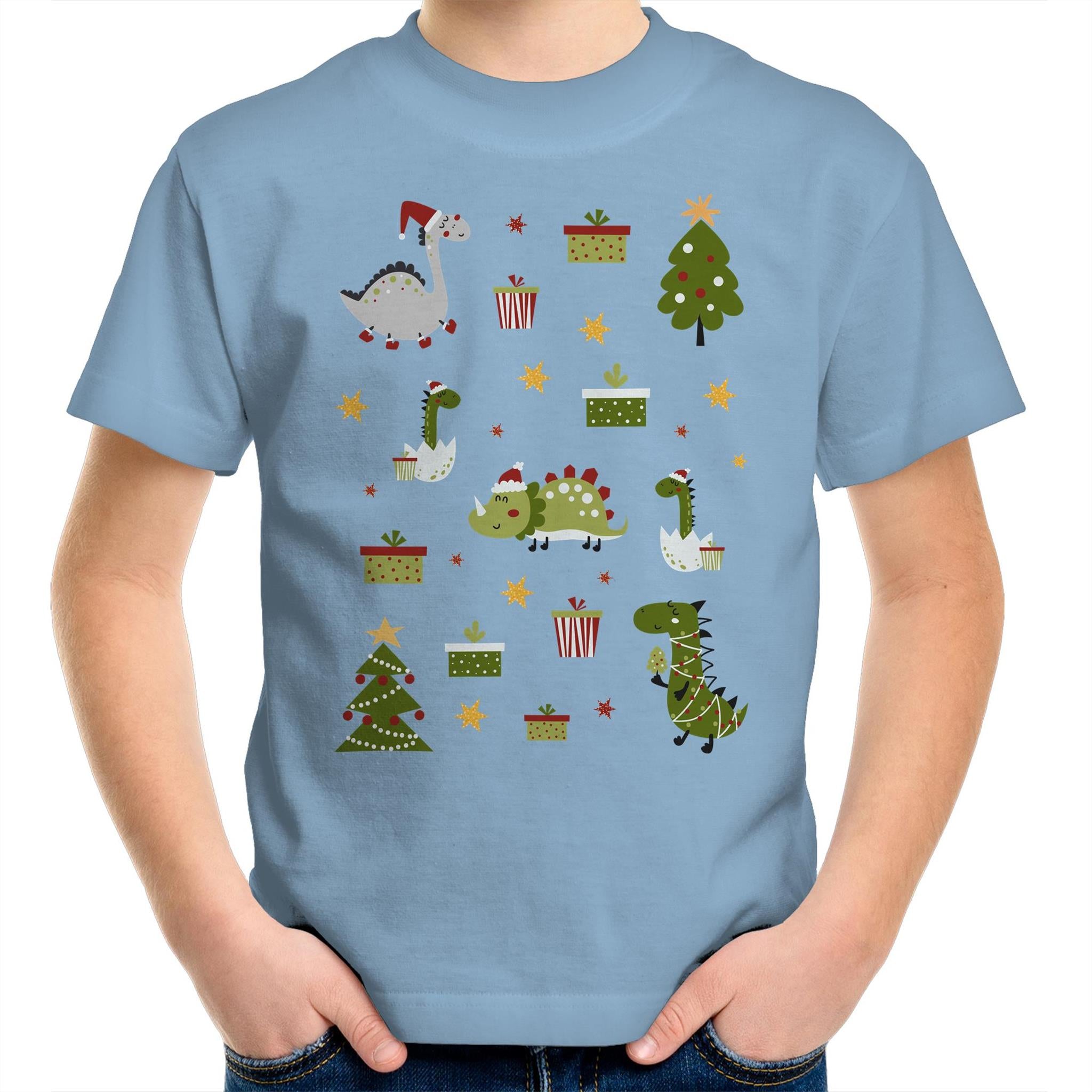 Cute Dinosaur Christmas - Kids Youth T-Shirt Carolina Blue Kids Christmas T-shirt Christmas Printed In Australia